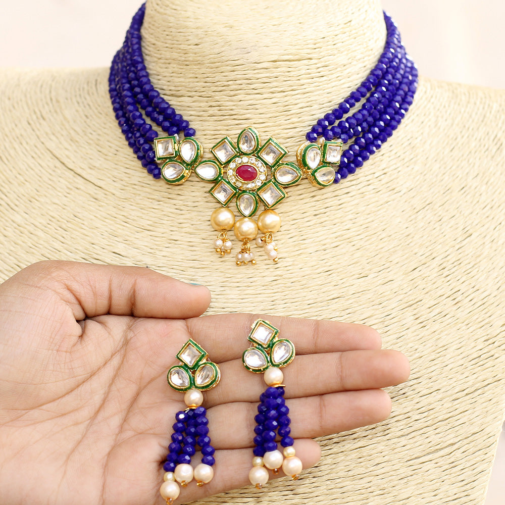 Beadsnfashion Glass Crystal Beaded Kundan Choker Set Blue