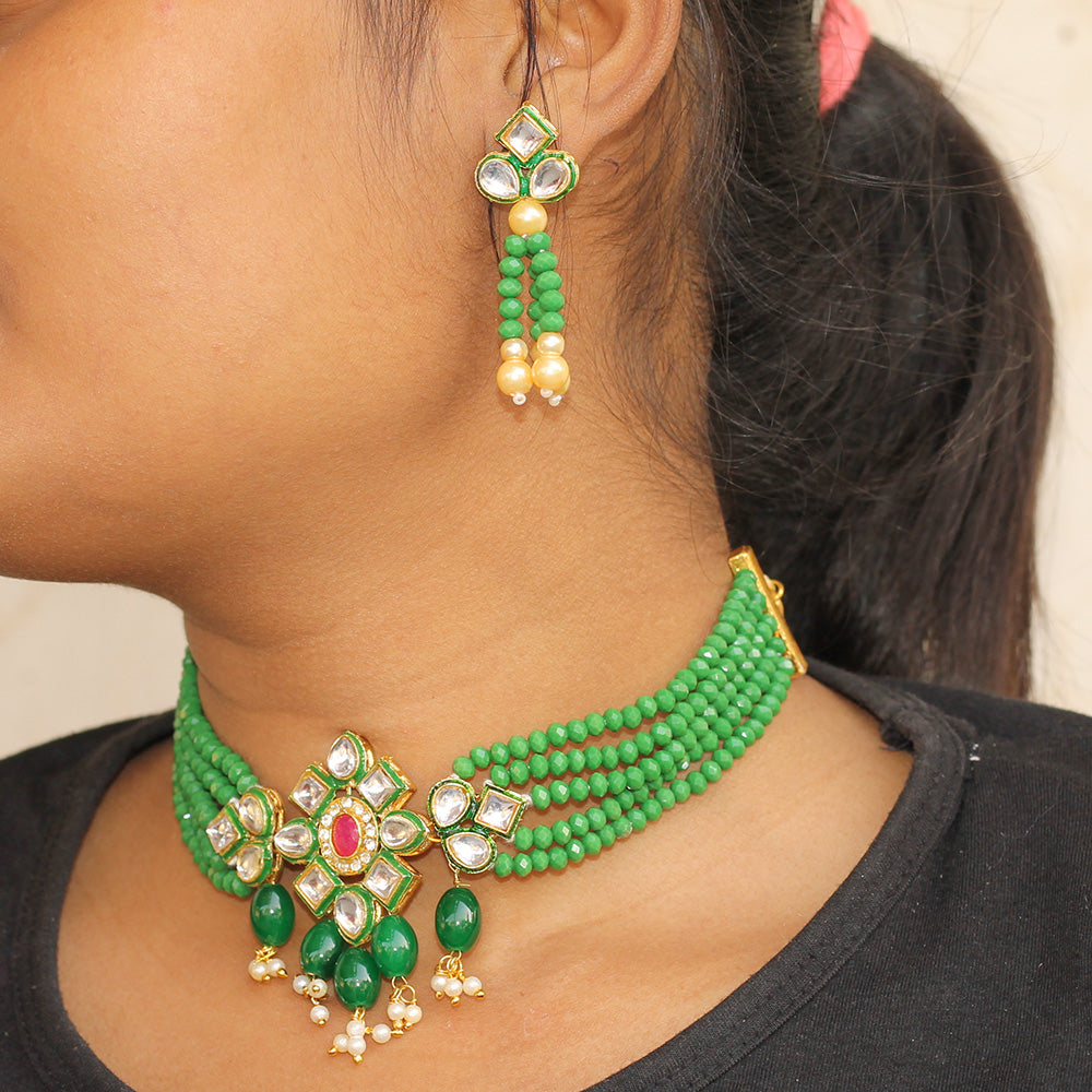 Beadsnfashion Glass Crystal Beaded Kundan Choker Set Green