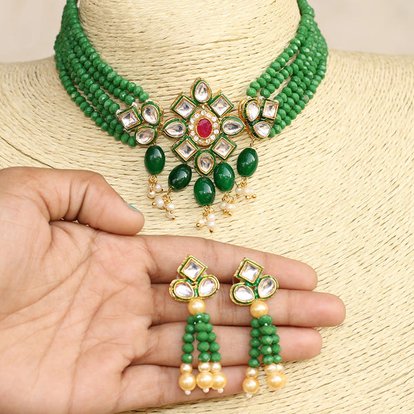 Beadsnfashion Glass Crystal Beaded Kundan Choker Set Green