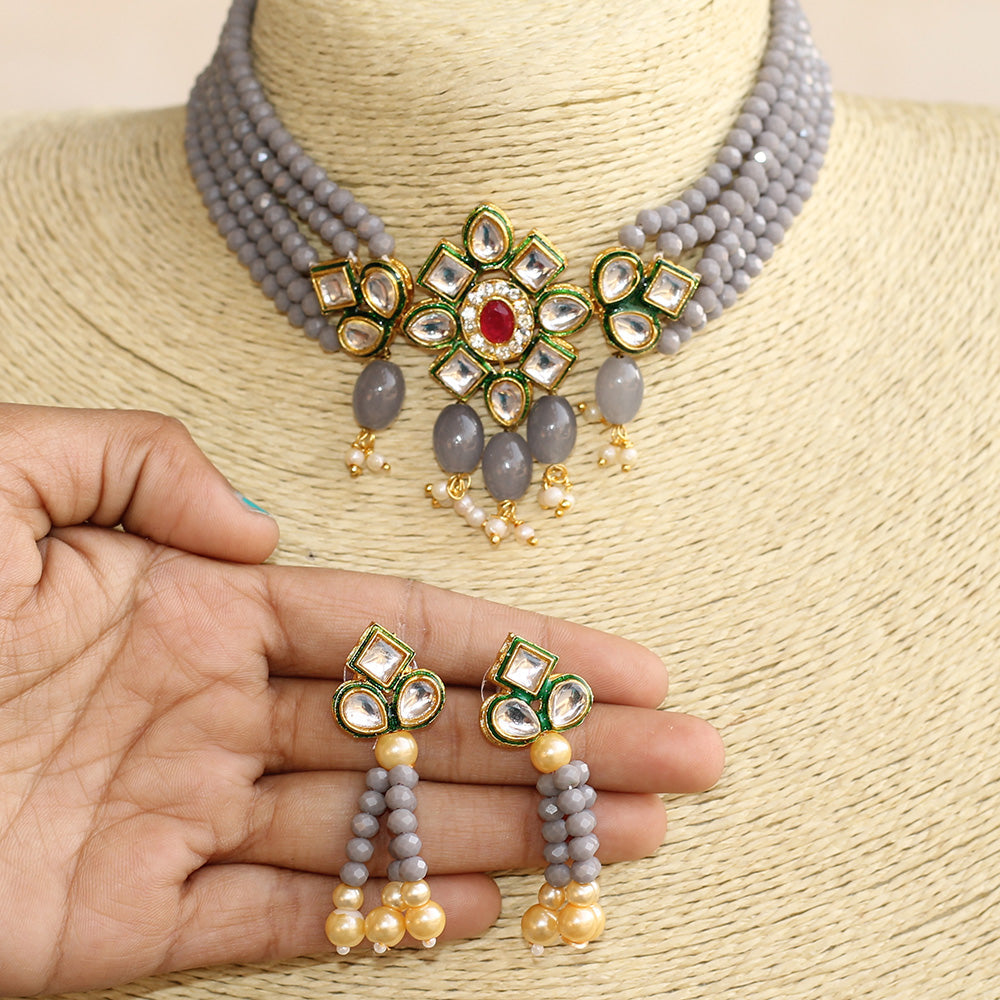 Beadsnfashion Glass Crystal Beaded Kundan Choker Set Grey