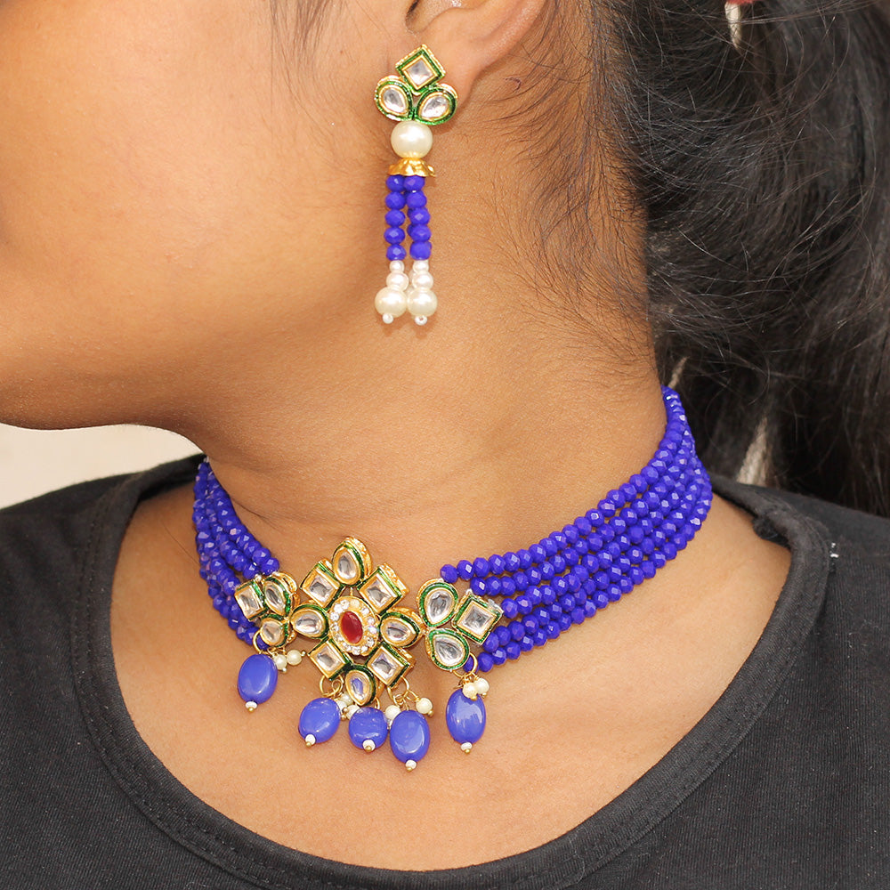 Beadsnfashion Glass Crystal Beaded Kundan Choker Set Blue