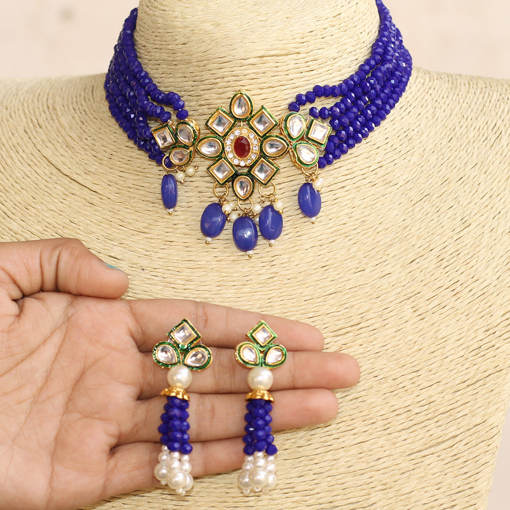 Beadsnfashion Glass Crystal Beaded Kundan Choker Set Blue