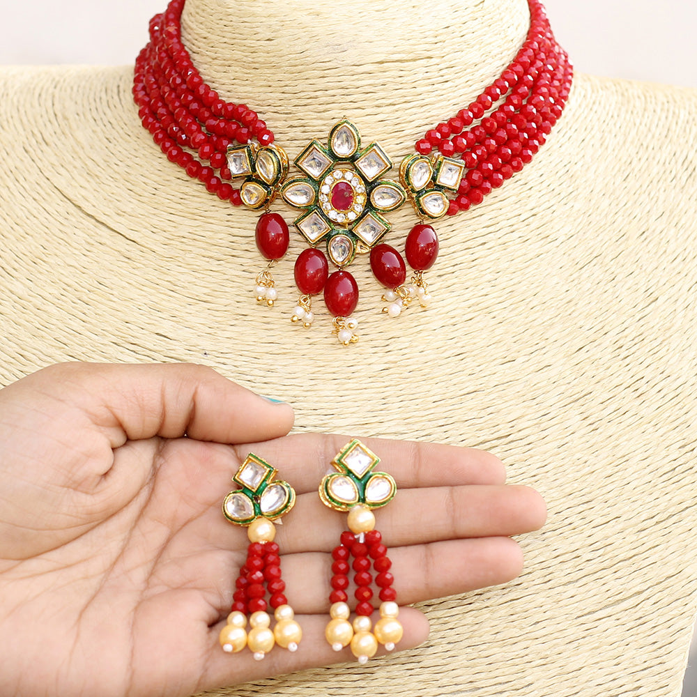 Beadsnfashion Glass Crystal Beaded Kundan Choker Set Maroon