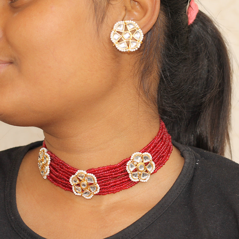 Beadsnfashion Seed Beads Beaded Kundan Choker Set Maroon