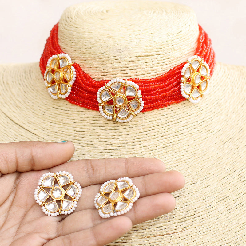 Beadsnfashion Seed Beads Beaded Kundan Choker Set Red