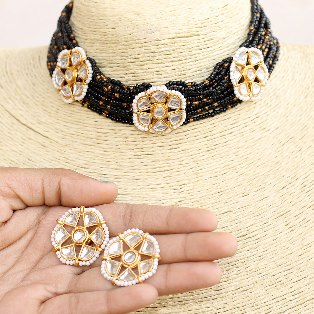 Beadsnfashion Glass Crystal Beaded Kundan Choker Set Black