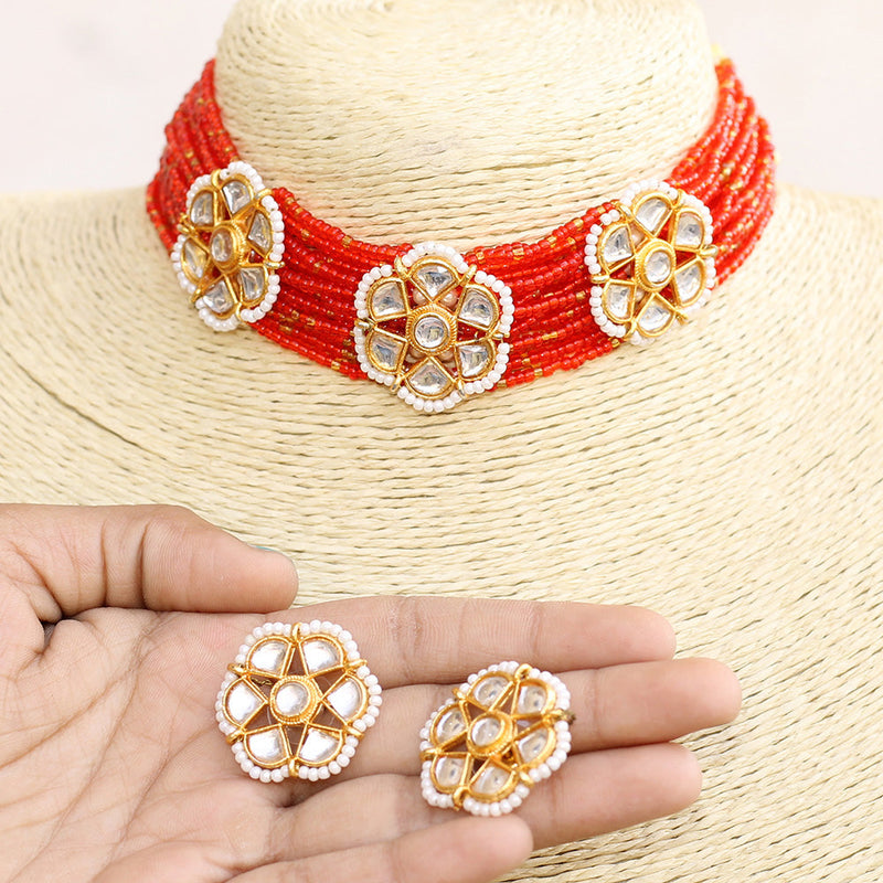 Beadsnfashion Seed Beads Beaded Kundan Choker Set Red