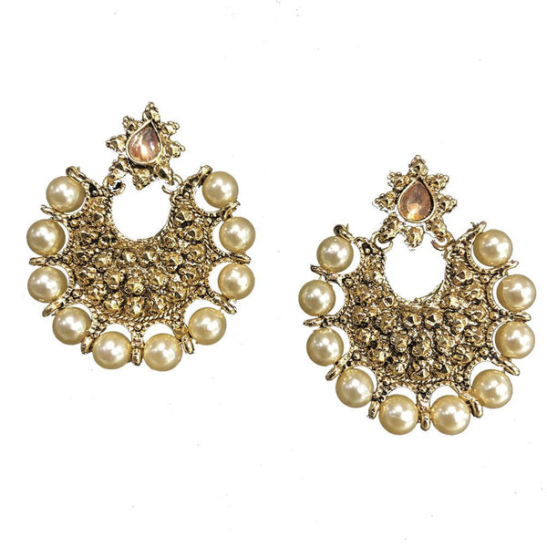 Shreeji Brown Kundan And Pearl Gold Plated Dangler Earrings - SE_381