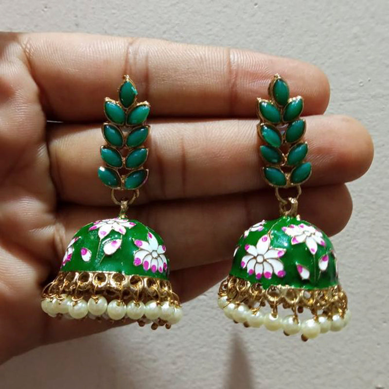Sai Fashion Gold Plated Kundan Pota Stone & Meenakari Jhumki Earrings