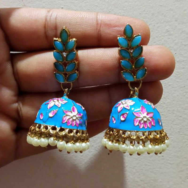 Sai Fashion Gold Plated Kundan Pota Stone & Meenakari Jhumki Earrings