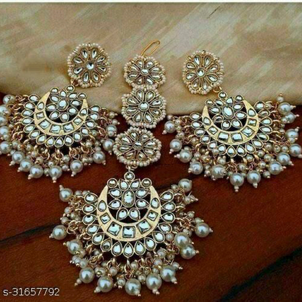 Sai Fashion Gold Plated Kundan And Pearl Designer Dangler Earrings With Maang Tikka