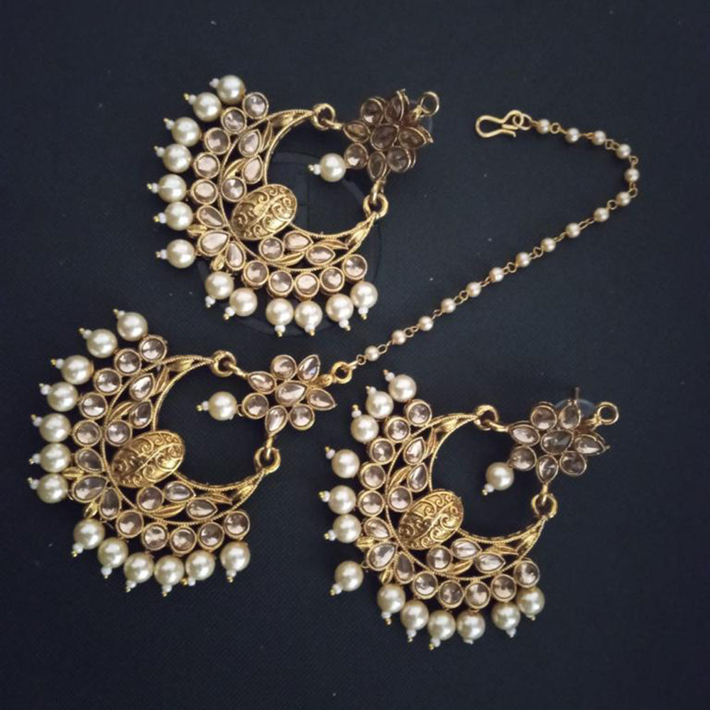 Sai Fashion Gold Plated Kundan And Beads Designer Dangler Earrings With Maang Tikka