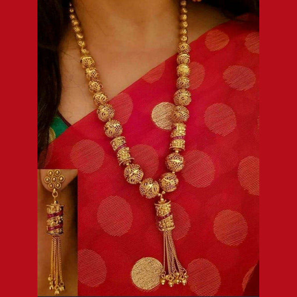 Sai Fashion Gold Plated Pink Pota Stone Long Necklace Set