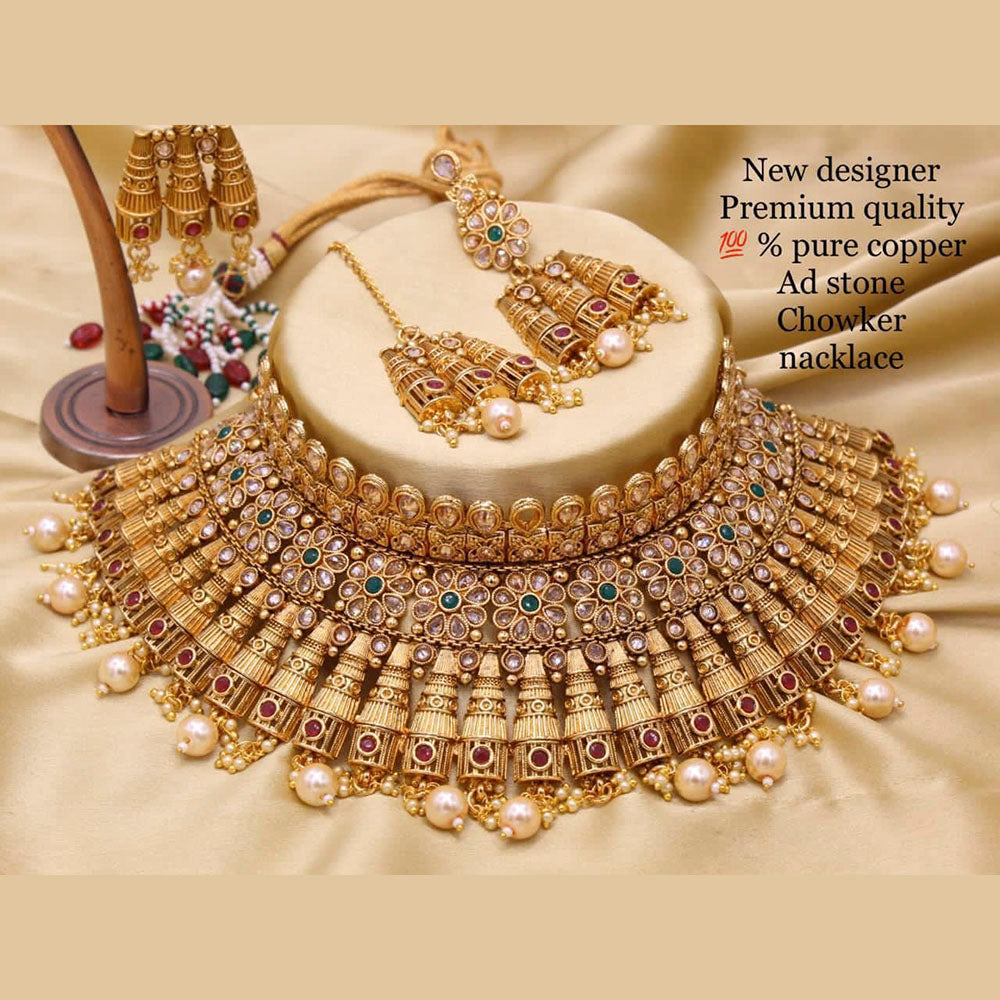 Sai Fashion Copper  American Diamond & Pearl Choker Necklace Set