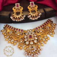 Sai Fashion Gold Plated Pink & Green Pota & Kundan Stone Choker Necklace Set