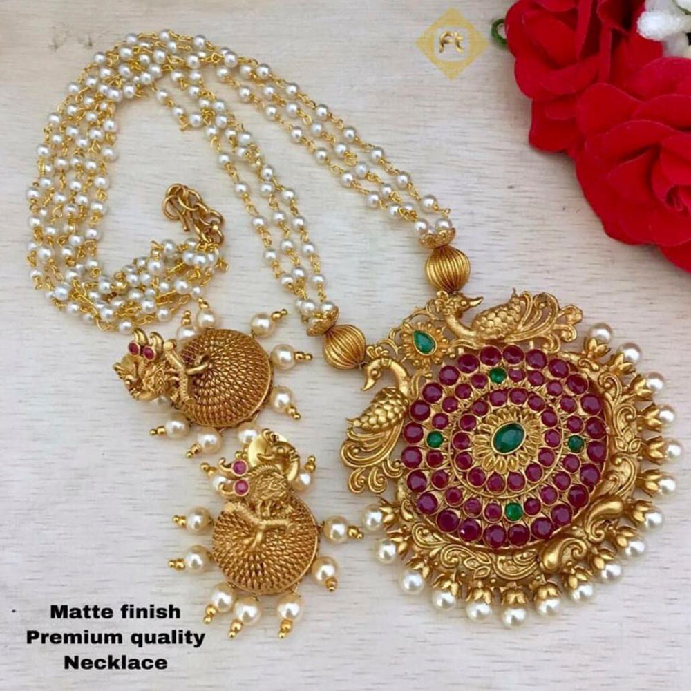 Sai Fashion Gold Plated Pink & Green Pota Stone Necklace Set