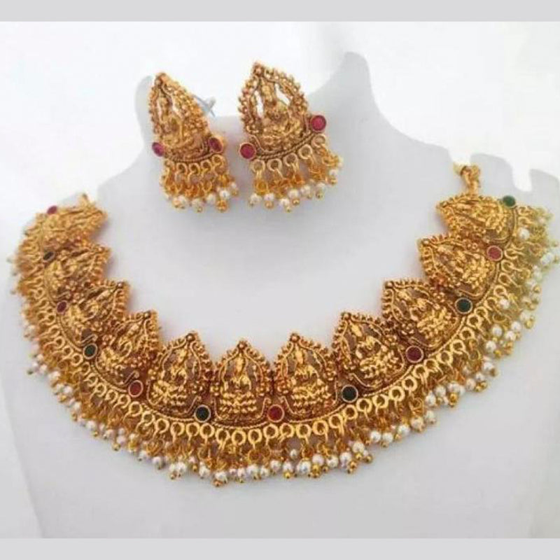 Sai Fashion Gold Plated Pink & Green Pota Stone Temple Necklace Set