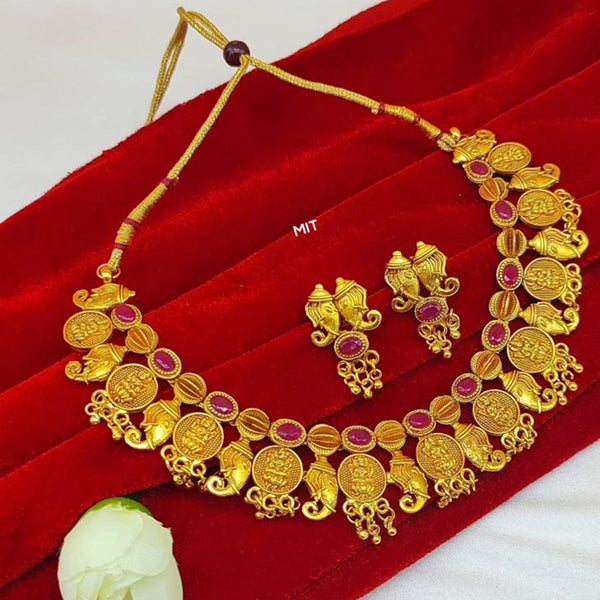 Sai Fashion Matte Finish Pink Crystal Stone Temple Necklace Set