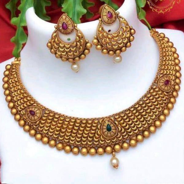 Sai Fashion Gold Plated Pink & Green Pota Stone Choker Necklace Set