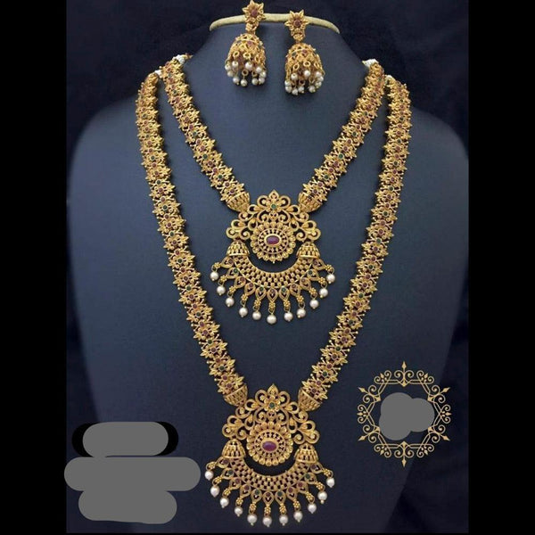 Sai Fashion Gold Plated Pink & Green Pota Stone Necklace Set