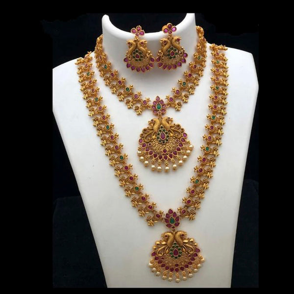 Sai Fashion Gold Plated Pink & Green Pota Stone Peacock Necklace Set