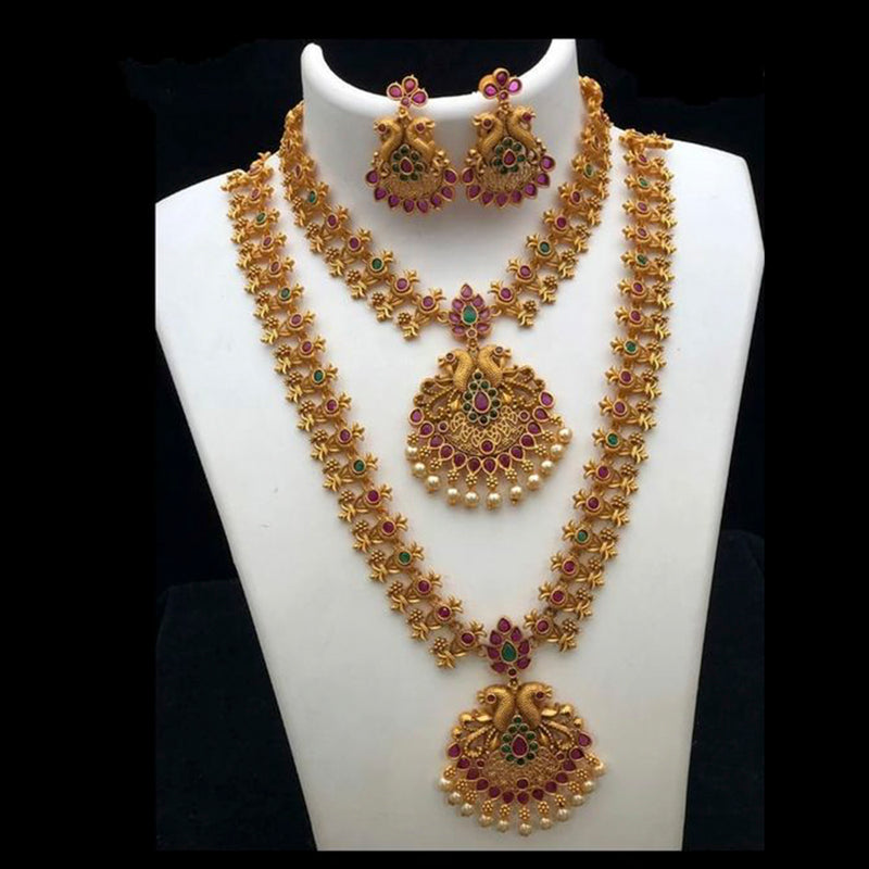 Sai Fashion Gold Plated Pink & Green Pota Stone Peacock Necklace Set