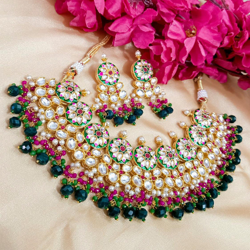 Shagna Gold Plated Kundan And Meenakari & Beads Choker Necklace Set
