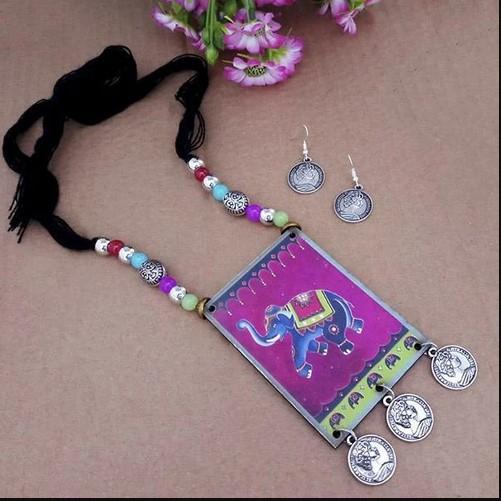 Urthn Lord Radha Krishna Digital Printed Wooden Necklace Set - 1114107