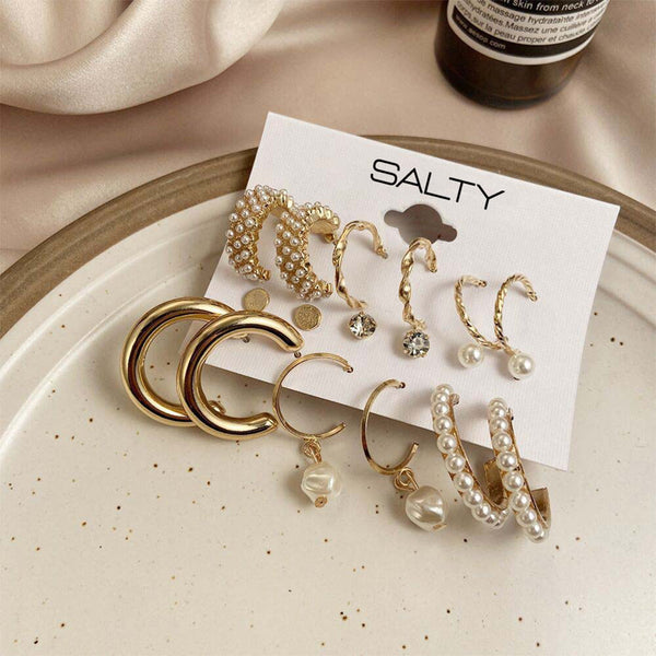 Salty Set of 9 Gold Chunky Real Freshwater Pearl Hoops and Studs