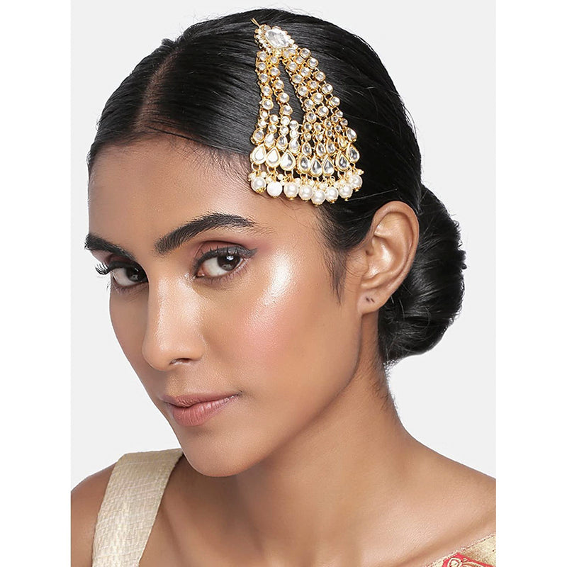 Etnico 18K Gold Plated Mughal Beautiful Long Pearl Kundan Jhumar Passa/Jhoomar Maang Tikka for Women (T2052W)