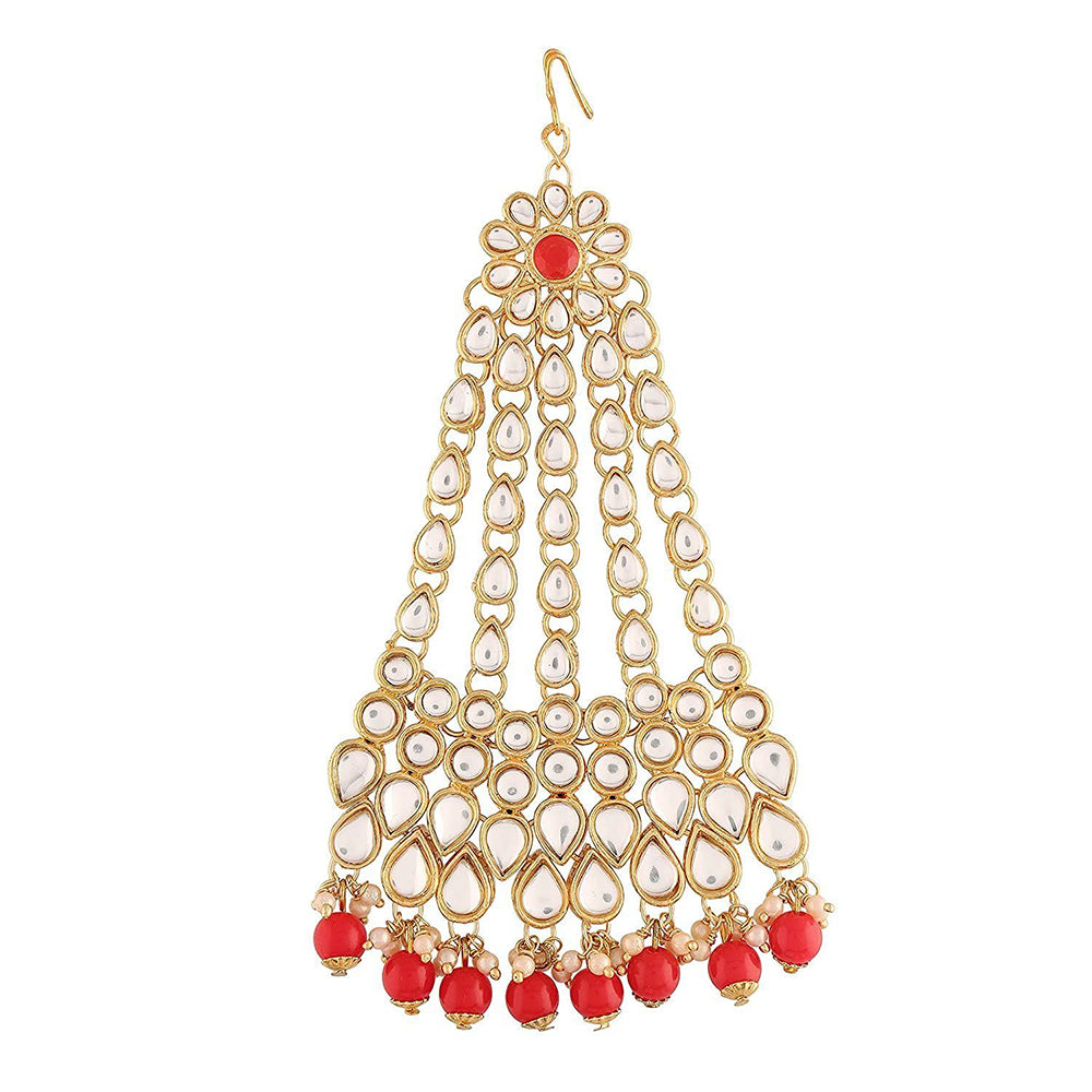 Etnico 18K Gold Plated Mughal Beautiful Long Pearl Kundan Jhumar Passa/Jhoomar Maang Tikka for Women (T2053R)