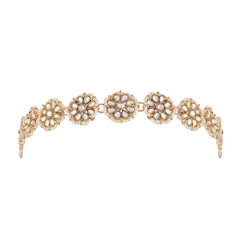 Etnico18k Gold Plated Traditional Floral Kundan Pearl Studded Rajasthani Sheeshphool/ Mathapatti for Women (T2064W)