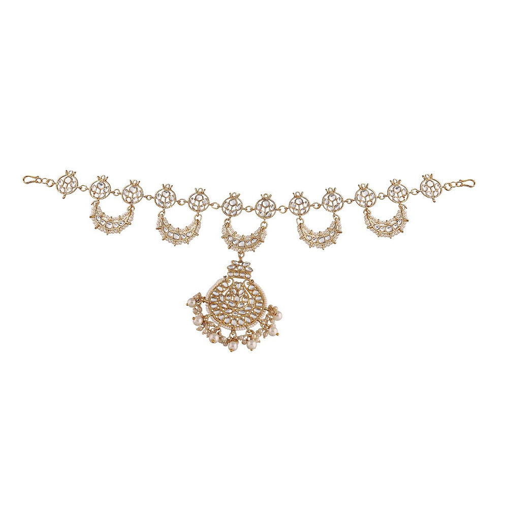 Etnico18k Gold Plated Traditional Floral Kundan Pearl Studded Rajasthani Sheeshphool/ Mathapatti for Women (T2065W)