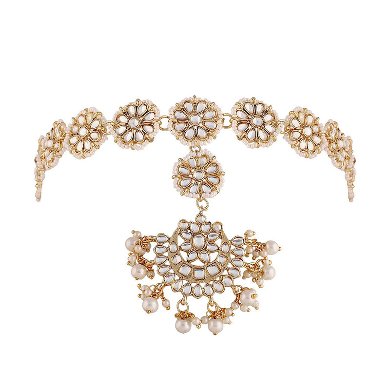 Etnico18k Gold Plated Traditional Floral Kundan Pearl Studded Rajasthani Sheeshphool/Mathapatti for Women (T2066W)