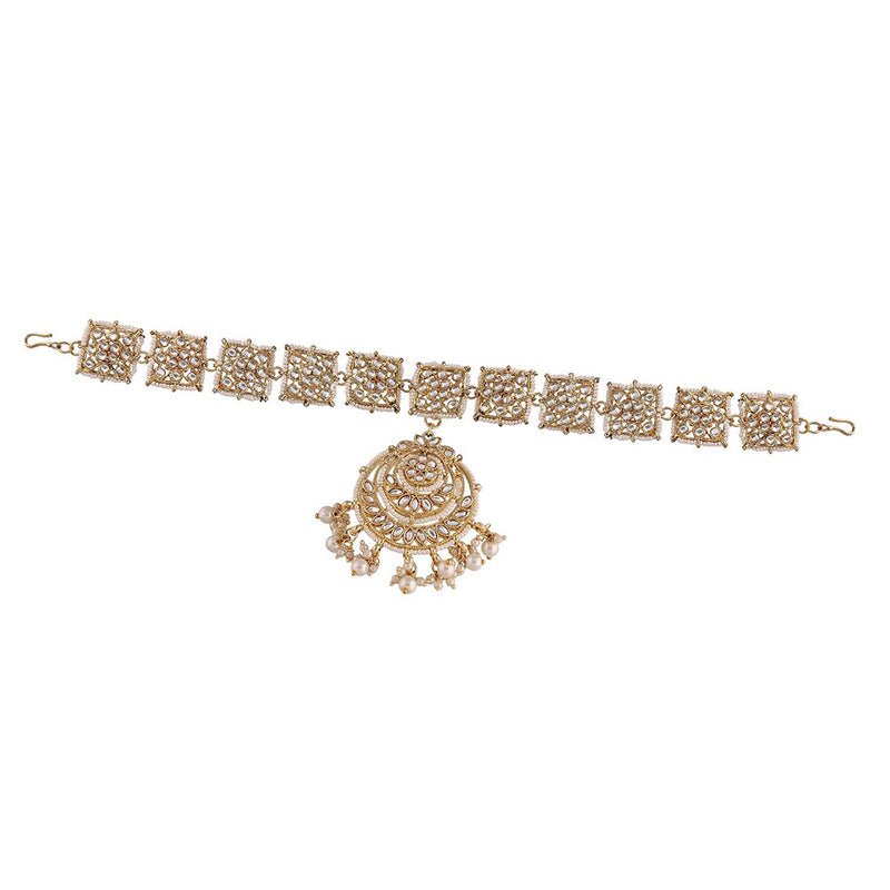 Etnico18k Gold Plated Traditional Floral Kundan Pearl Studded Rajasthani Sheeshphool/Mathapatti for Women (T2068W)