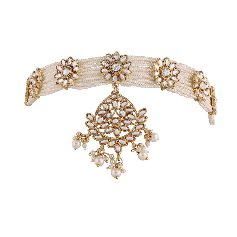 Etnico18k Gold Plated Traditional Floral Kundan Pearl Studded Rajasthani Sheeshphool/ Mathapatti for Women (T2069W)