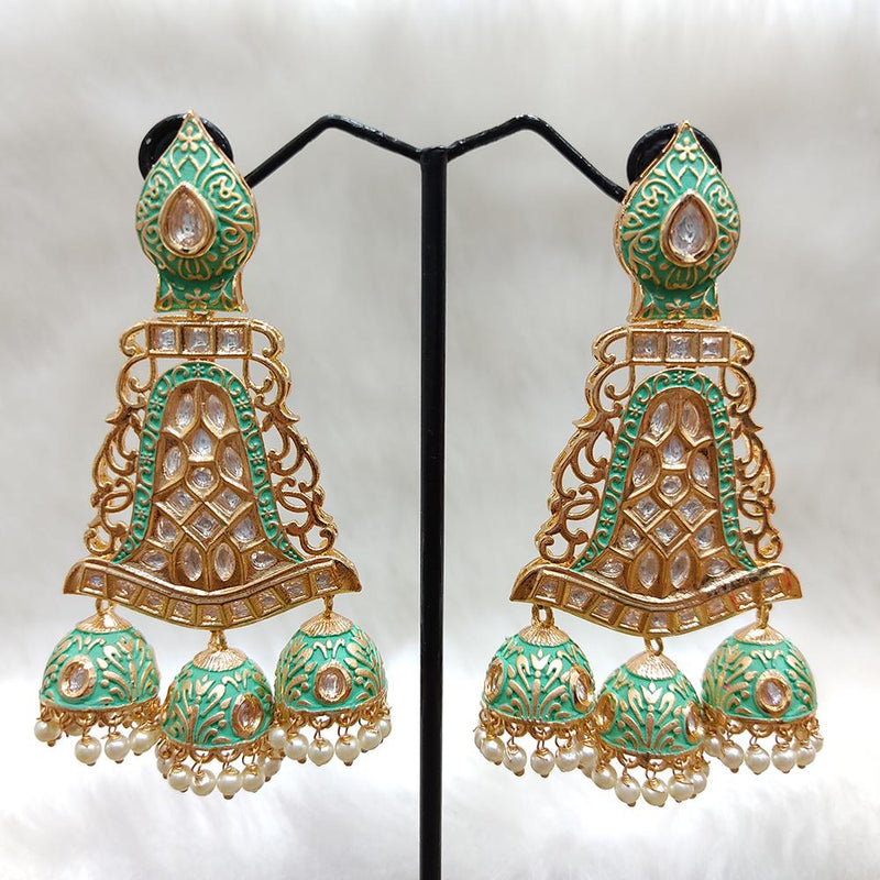 Tarangavi Green Matte Kundan Brass Jhumka Earrings