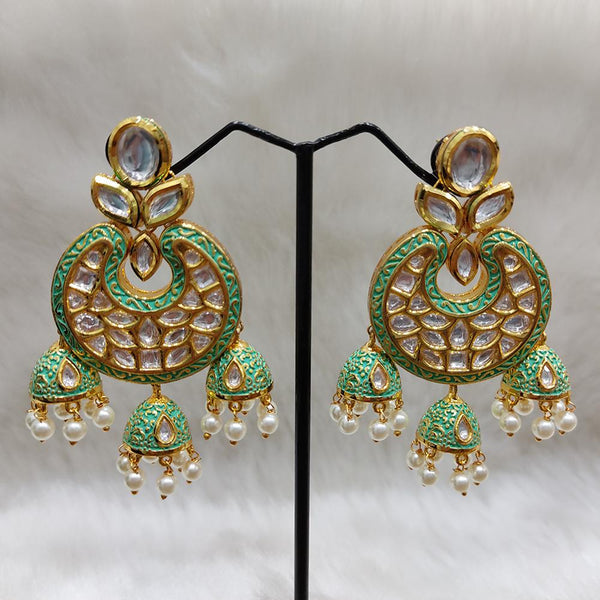 Tarangavi Green Matte Kundan Brass Pearl Jhumka Earrings