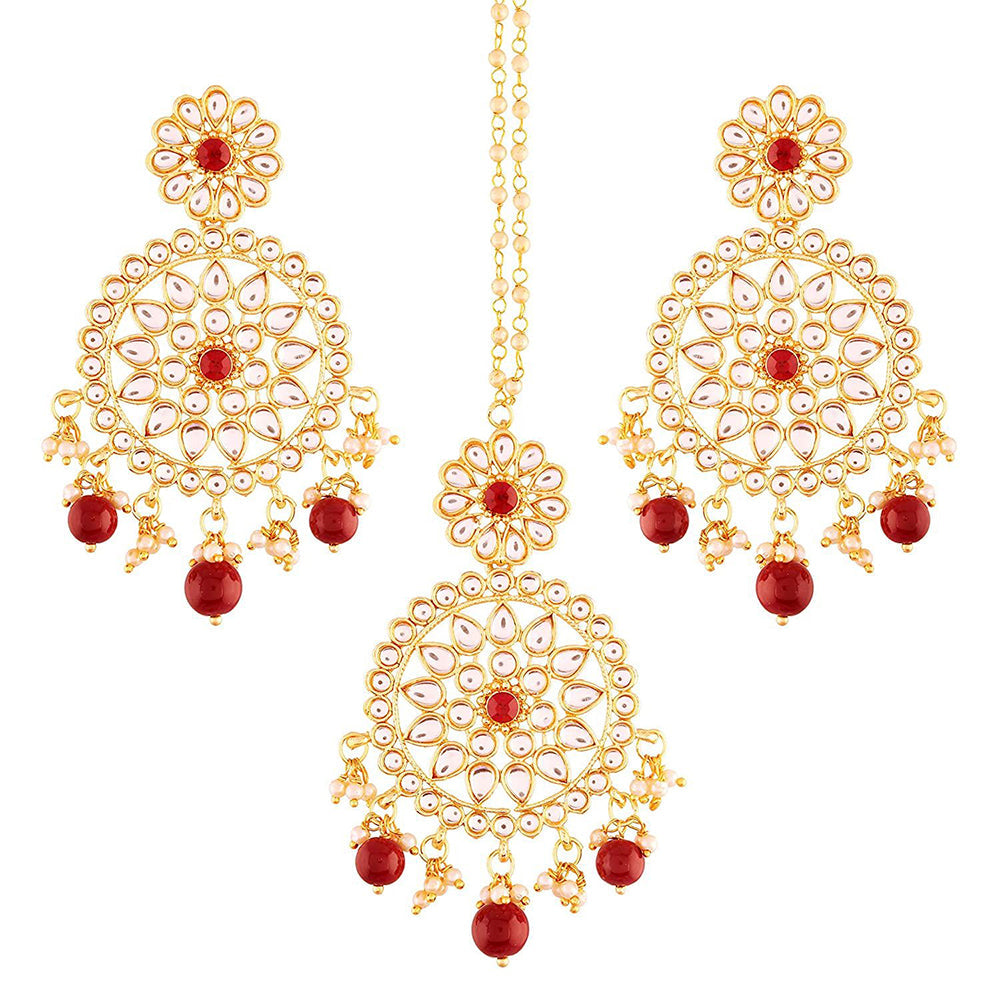 Etnico 18K Gold Plated Traditional Kundan & Pearl Studded Chandbali Earrings With Maang Tikka Set (TE2462M)