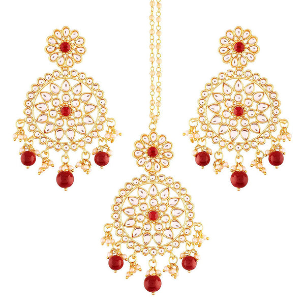 Etnico 18K Gold Plated Traditional Kundan & Pearl Studded Chandbali Earrings With Maang Tikka Set (TE2462M)