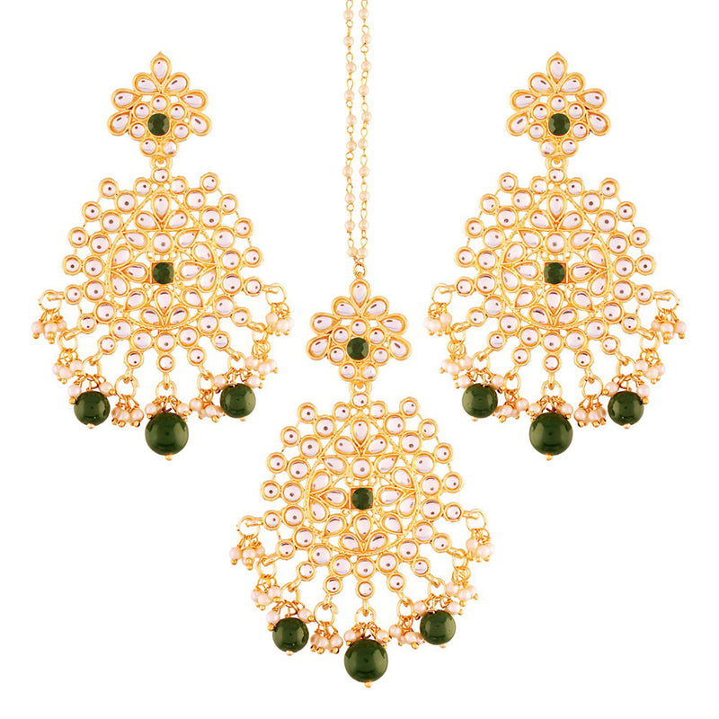 Etnico Traditional Gold Plated Stunning Antique Finish Kundan & Pearl Earring Set with Maang Tikka for Women (TE2497G)