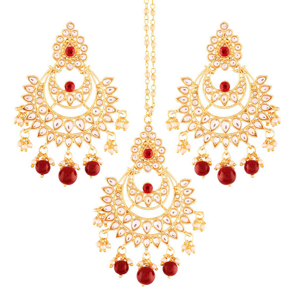 Etnico Traditional Gold Plated Stunning Antique Finish Kundan & Pearl Earring Set with Maang Tikka for Women (TE2498M)