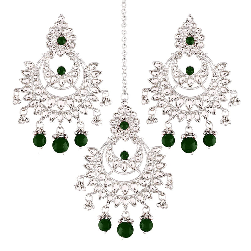 Etnico Silver Plated Traditional Kundan Pearl Earrings & Maang Tikka for Women (TE2498ZG)(Green)