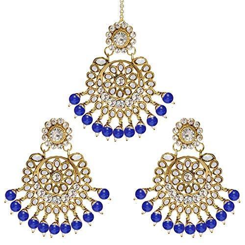 Etnico Gold Plated Traditional Kundan Pearl Earrings & Maang Tikka for Women (TE2501BL)