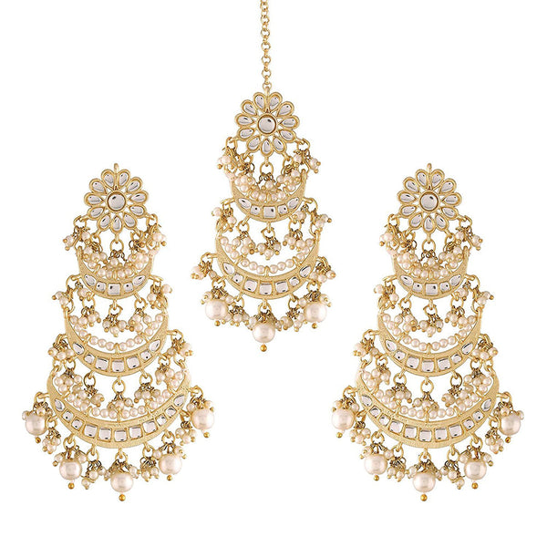 Etnico 18k Gold Plated 3 Layered Pearl Kundan Chandbali Earrings with Maang Tikka for Women (TE2859)