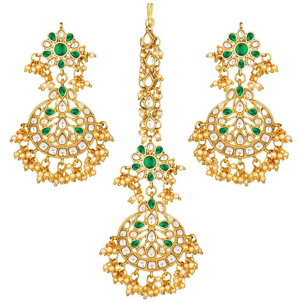 Etnico 18K Gold Plated Traditional Handcrafted Earrings With Maang Tikka Encased with Faux Kundan & Pearl for Women/Girls (TE2872G)