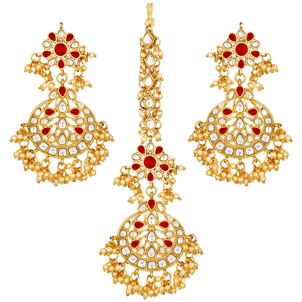 Etnico 18K Gold Plated Bridal Earrings with Maang Tikka Set Studded with Kundan & Pearl for Women/Girls (TE2872M)