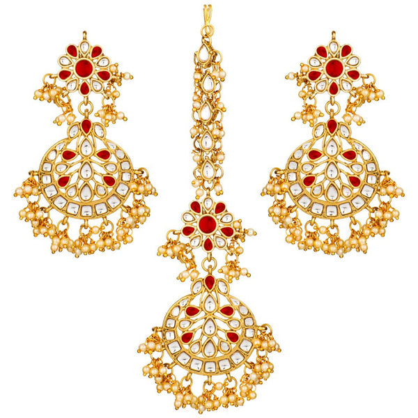 Etnico 18K Gold Plated Bridal Earrings with Maang Tikka Set Studded with Kundan & Pearl for Women/Girls (TE2872M)