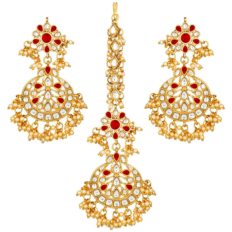 Etnico 18K Gold Plated Bridal Earrings with Maang Tikka Set Studded with Kundan & Pearl for Women/Girls (TE2872M)