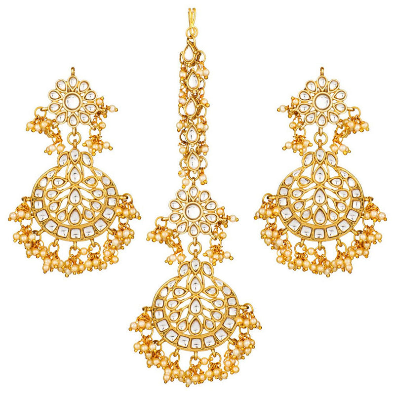 Etnico 18K Gold Plated Traditional Handcrafted Earrings With Maang Tikka Encased with Faux Kundan & Pearl for Women/Girls (TE2872W)